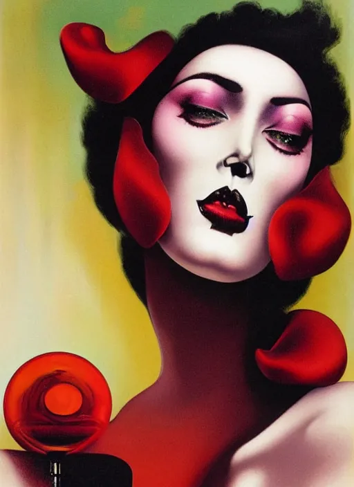 Image similar to an 8 0 s portrait of a woman with dark eye - shadow and red lips with dark slicked back hair dreaming acid - fueled hallucinations by serge lutens, rolf armstrong, delphin enjolras, peter elson