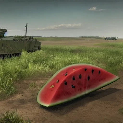 Image similar to Very very very very highly detailed Watermelon - military vehicle with epic weapons, on a battlefield in russian city as background. Less Watermelon a lot more military vehicle, Photorealistic Concept 3D digital art in style of Caspar David Friedrich, super rendered in Octane Render, epic dimensional light