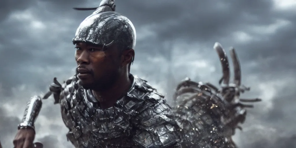 Image similar to a film still of a black man starring in a japanese blockbuster film as ancient samurai, battling against alien creatures, shallow depth of field, cinematic, award winning cgi, vfx, film still