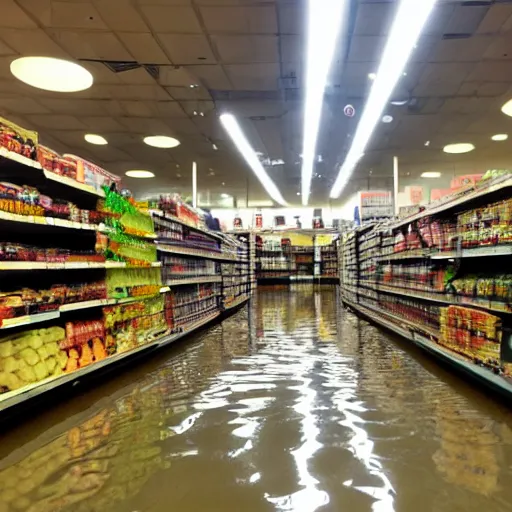 Image similar to photo of a grocery store interior, the floor is flooded with two meters deep water. eerie, volumetric lighting.
