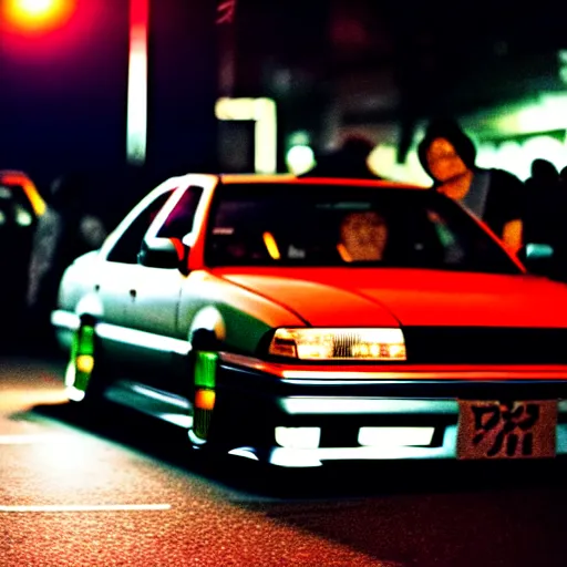 Image similar to a car JZX100 at illegal car meet, Shibuya prefecture, city midnight mist, cinematic color, photorealistic, highly detailed, 200MM