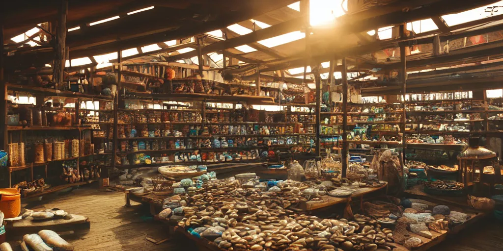 Image similar to interior of a sundry shop at pulau indah fishing village, near a jetty, half empty shelves, early morning, detailed matte painting, low angle view, telephoto lens, bokeh, studio ghibli, artstation