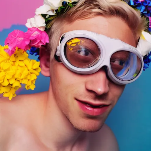 Image similar to close up kodak portra 4 0 0 photograph of a skinny guy with blonde hair laying in a tub of milk, aerial view, wearing goggles, flower crown, moody lighting, telephoto, 9 0 s vibe, blurry background, vaporwave colors, faded!,