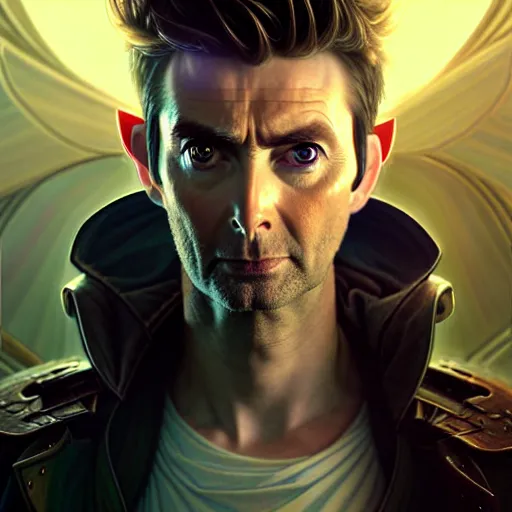 Prompt: portrait painting of a cyberpunk elven david tennant with thin pointy ears, ultra realistic, concept art, intricate details, eerie, highly detailed, photorealistic, octane render, 8 k, unreal engine. art by artgerm and greg rutkowski and charlie bowater and magali villeneuve and alphonse mucha