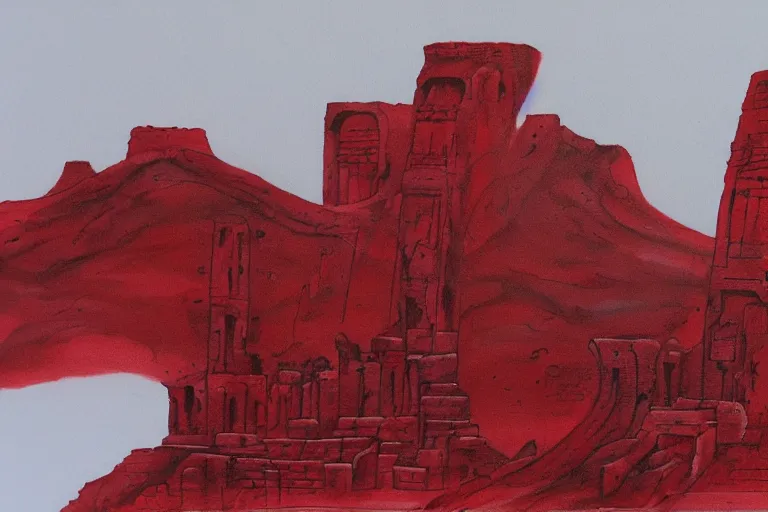 Image similar to ancient martian architecture, minimalistic red and ink airbrush painting on white background