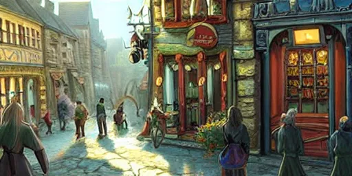 Image similar to a busy street within a fascinating old fantasy city, quirky shops, narrow streets, old buildings, old stone steps, street life, by Sylvain Sarrailh, cinematic, stunning composition, beautiful digital painting, oil painting, dungeons and dragons, lord of the rings