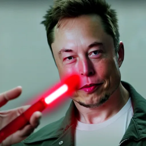 Image similar to film still of elon musk holding a red lightsaber