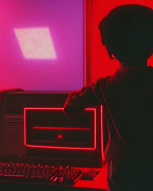 Image similar to 8k professional photo of an 8 years old enlightened and scared boy standing in front of an old computer from 90s with a game doom2 at the monitor screen in a vaporwave space, still from a movie by Gaspar Noe and James Cameron