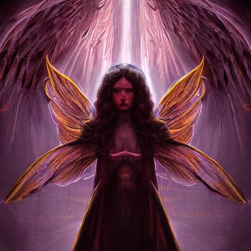 Image similar to Photorealistic dark angel in the style of Michael Whelan and Gustave Dore. Hyperdetailed photorealism, 108 megapixels, amazing depth, glowing rich colors, powerful imagery, psychedelic Overtones, 3D finalrender, 3d shading, cinematic lighting, artstation concept art