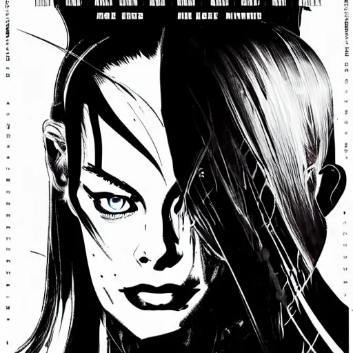 Image similar to a movie poster of Margot Robbie looking sinister, by Tsutomu Nihei, highly detailed