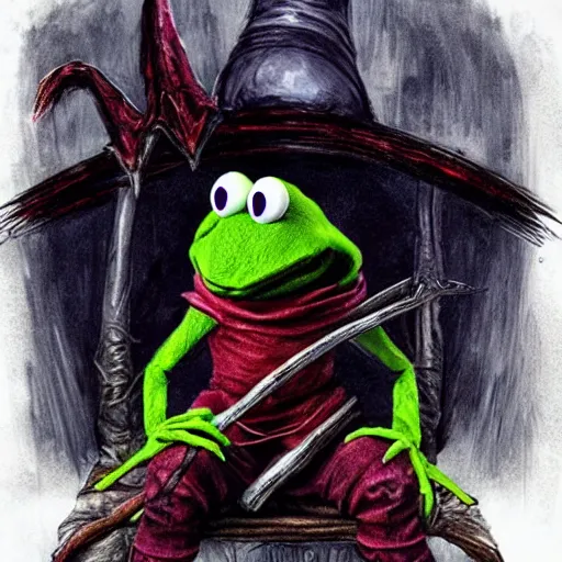 Image similar to evil kermit the frog, dark souls, bloodborne, elden ring, by hidetaka miyazaki