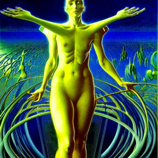 Image similar to realistic extremely detailed portrait painting of a glowing silhouette, futuristic sci-fi landscape on background by Jean Delville, Amano, Yves Tanguy, Alphonse Mucha, Ernst Haeckel, Edward Robert Hughes, Roger Dean, rich moody colours, blue eyes