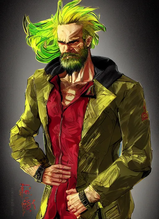 Image similar to Full body portrait of an old muscular man with blonde hair and beard red, green and gold jacket. In style of Yoji Shinkawa and Hyung-tae Kim, trending on ArtStation, dark fantasy, great composition, concept art, highly detailed.