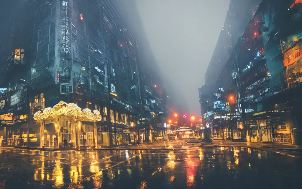 Prompt: an empty street in a rainy night, the new china world hotel across the street, film quality.