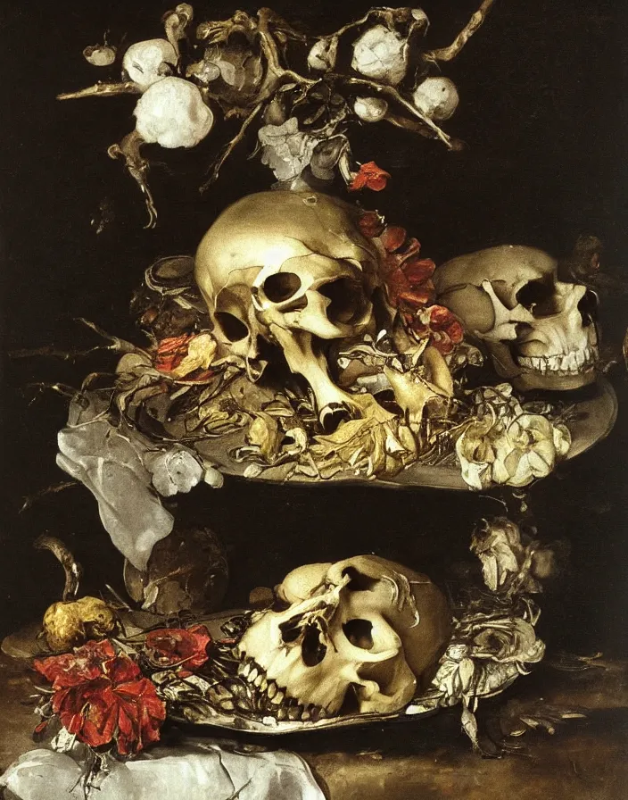 Image similar to still life painting with a single skull on a silver platter surrounded by dead flowers and rotten fruit, lit by a single candle by Diego Velázquez and francisco goya, wet, slimy