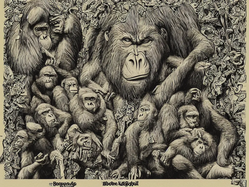 Image similar to bored ape club monkeies by Chor Boogie, intricate details, ultra detailed, 4K, award-winning, touch of M. C. Escher and Salvador Dali