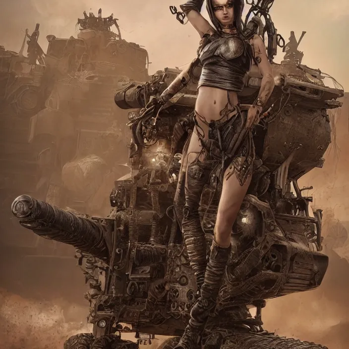 Image similar to beautiful apocalyptic woman in hood, standing on mad max panzer tank, hyper-detailed, smooth, sharp focus, 4k ultra hd, fantasy dark art, tank girl, artgerm, artstation, octane render, elegant, detailed digital painting, apocalyptic art