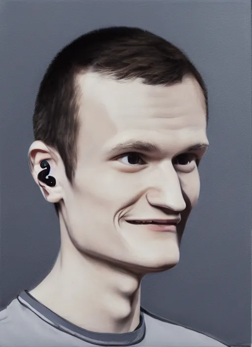 Image similar to vitalik buterin in headphones. vitalik buterin, medium shot, perfect symmetric face, coherent eyes, cute happy face, fine details., very sharp, 4 k, hans zatska, oil paint