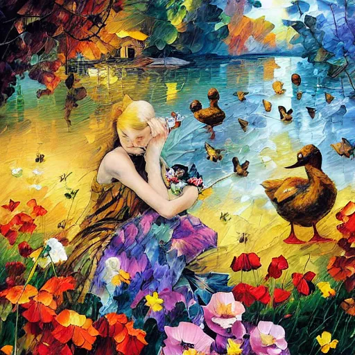 Prompt: flowers and ducks by arthur adams, john stephens, leonid afremov, chiho ashima, karol bak, david bates