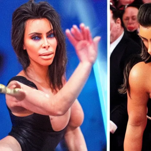 Prompt: willem dafoe fight kim kardashian in ring