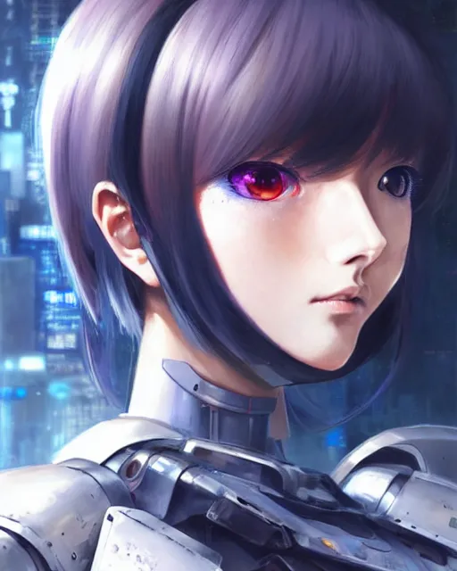 Image similar to portrait Anime Girl in mecha armor in night tokyo Sharp fine face pretty face, realistic shaded Perfect face, fine details. Anime. cyberpunk realistic shaded lighting by katsuhiro otomo ghost-in-the-shell, magali villeneuve, artgerm, rutkowski Jeremy Lipkin and Giuseppe Dangelico Pino and Michael Garmash and Rob Rey