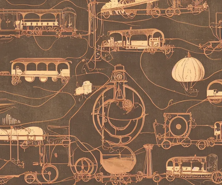 Image similar to steampunk countryside, 1 9 2 0 s, steam trains, blimps, rose gold