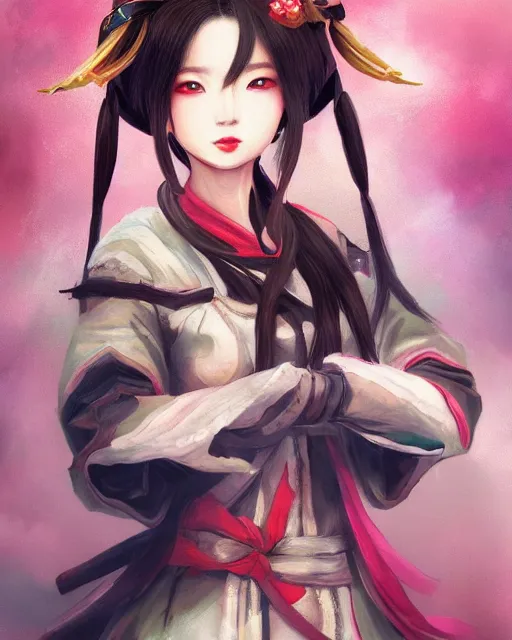 Prompt: portrait of oichi , sana from twice, sengoku basara in the paintetly style of WLOP, artgerm, brush stroke oil painting, imagine fx, artstation