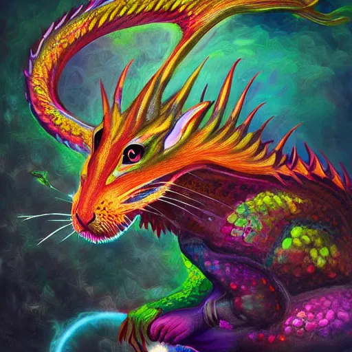 Prompt: an oilpainting of a psychedelic hamster dragon hybrid, hd, artstation, digital art, 4k, 8k