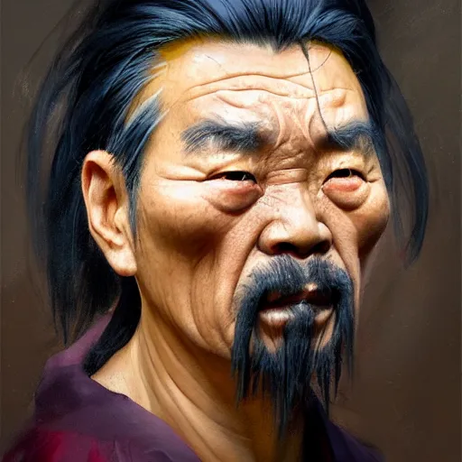 Image similar to Greg Manchess portrait painting of a chinese 60 year old character, soul patch, facial tattoo, long hair, medium shot, asymmetrical, profile picture, Organic Painting, sunset dark dramatic, matte painting, bold shapes, hard edges, street art, trending on artstation, by Huang Guangjian and Gil Elvgren and Sachin Teng