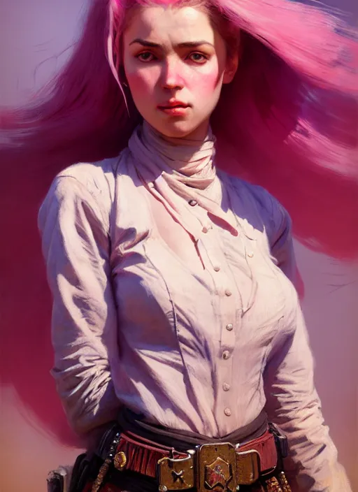 Image similar to female western sherif, beautiful girl, full body, pink hair, in old west, realistic, serov, surikov, vasnetsov, repin, kramskoi, insanely detailed, charlie bowater, tom bagshaw, high resolution, octane rendered, unreal engine, illustration, trending on artstation, masterpiece, 8 k