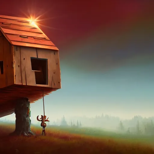 Image similar to a walking wood and metal house with two legs and one big eye, rust, hyperrealistic, highly detailed, cinematic, single ray of sun, morning, pareidolia, gravity falls style, red and blue, beautiful, cgssociety, artstation, 8 k, oil painting, digital art