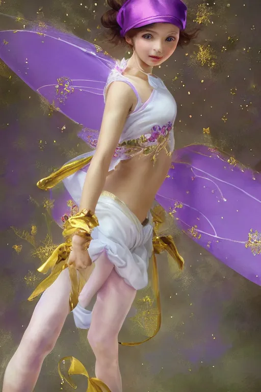 Image similar to Full View fairy maiden with short blond hair wearing an oversized purple Beret, Baggy Purple overall shorts, Short Puffy pants made of silk, silk shoes, a big billowy scarf, Golden Ribbon, and white leggings Covered in stars. covered in embroidery. Short Hair. peasant magic. Rhythmic gymnastics poses. masterpiece 4k digital illustration by Ruan Jia and Mandy Jurgens and Artgerm and william-adolphe bouguereau and greg rutkowski , award winning, Artstation, art nouveau aesthetic, Alphonse Mucha background, intricate details, realistic, panoramic view, Hyperdetailed, 8k resolution, intricate art nouveau