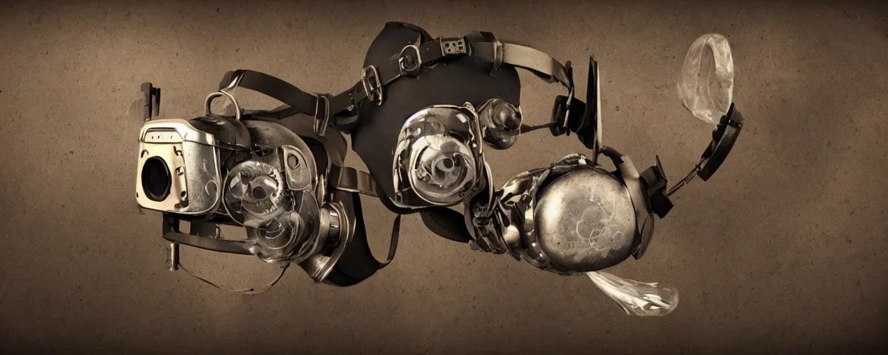 Image similar to advanced complex steampunk VR headset, vintage photo