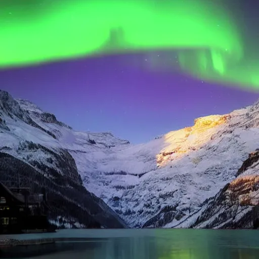 Prompt: Amazing Switzerland landscape with Northern lights