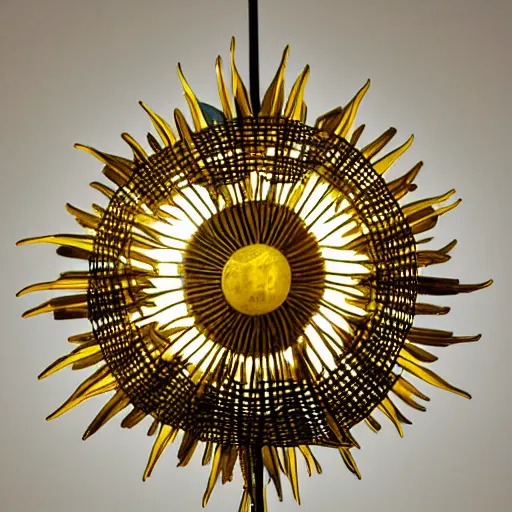 Image similar to chandelier in the shape of a sun with yellow accents designed by salvador dali