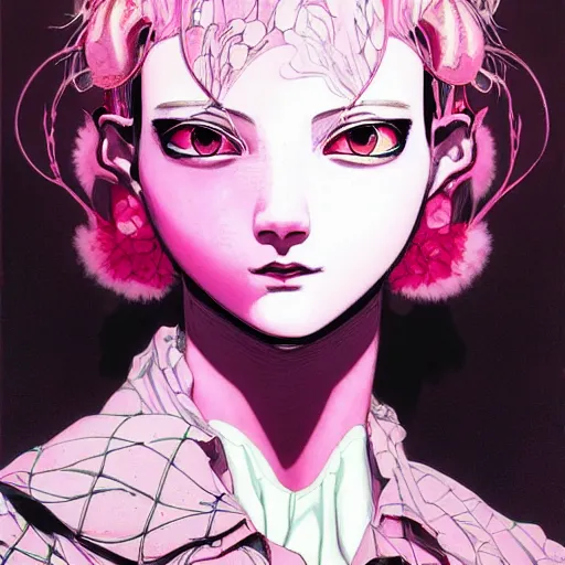 Image similar to prompt : pink and black portrait soft light painted by james jean and katsuhiro otomo and erik jones, inspired by evangeleon anime, smooth face feature, intricate oil painting, high detail illustration, sharp high detail, manga and anime 1 9 9 0