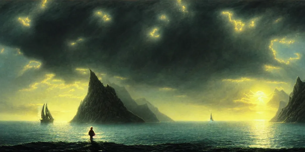 Image similar to lord of the rings scenery landscape, a hobbit out at a staring across the sea from the shore at a white timber sail boat leaving harbour, evening bright stars, highly detailed, vivid colour, soft clouds, cinematic lighting, perfect composition, gustave dore, derek zabrocki, greg rutkowski, belsinski