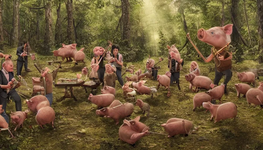 Prompt: a crowd of pigs playing orchestral instruments in a grindcore show in the middle of a liminal forest, realistic, 4 k,