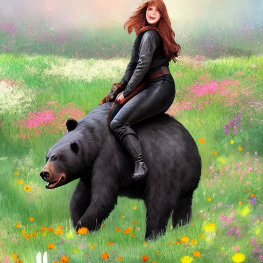 Image similar to girl riding a giant black bear in a field of flowers, trending on artstation