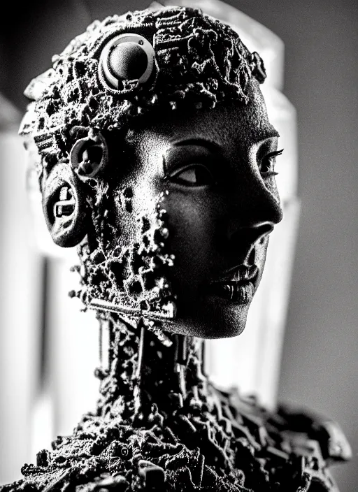 Image similar to a young female cyborg bust made of ice and fire and mud, dramatic, ilford hp 5, closeup - view, f / 2. 8, high contrast, 1 6 k, fluorescent lamp, contre - jour, insanely detailed and intricate, hypermaximalist, elegant, ornate, hyper realistic, super detailed