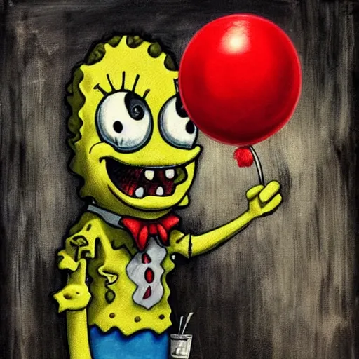 Image similar to grunge painting of spongebob with a wide smile and a red balloon by chris leib, loony toons style, pennywise style, corpse bride style, horror theme, detailed, elegant, intricate