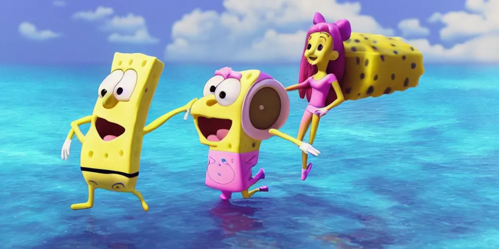 Image similar to “Ariana grande animated and SpongeBob hanging out. 4. Octane render, 4k, 8k, unreal 5, very detailed, hyper realism, trending on artstation.”