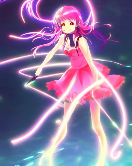 Prompt: anime style, vivid, expressive, full body, 4 k, painting, a cute magical girl idol with a long wavy hair wearing a dress fighting monsters, correct proportions, stunning, realistic light and shadow effects, neon lights, studio ghibly makoto shinkai yuji yamaguchi