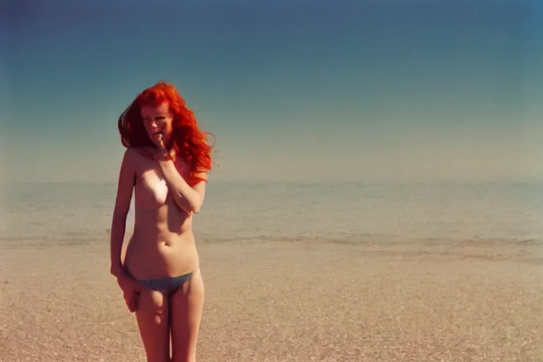 Image similar to 35mm color lomography, beautiful ideal sensual tender redhead woman, on the lonely beach