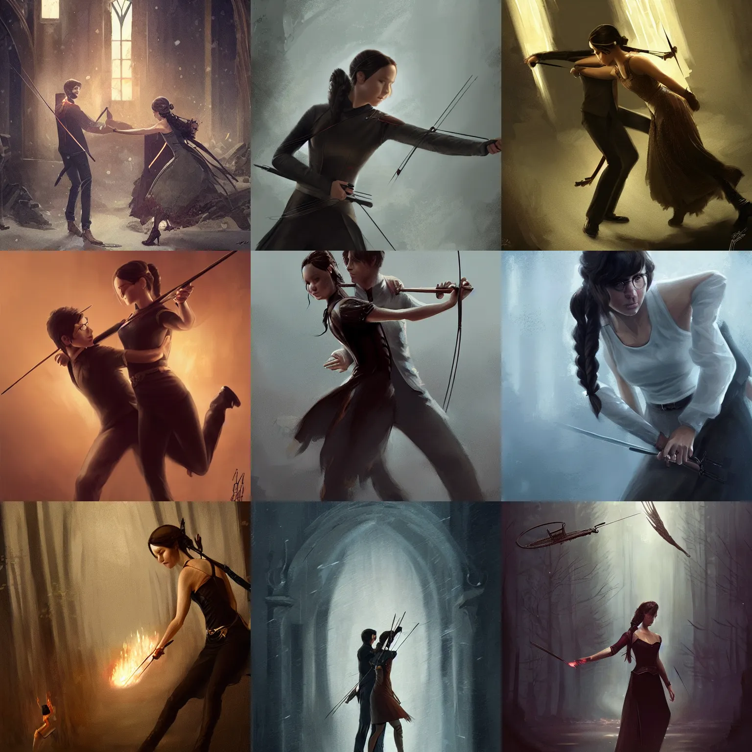Prompt: Katniss Everdeen and Harry Potter ballroom dancing, digital art by Greg Rutkowski, intricate, sharp focus, cinematic, artstation
