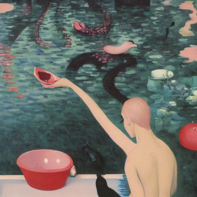 Image similar to female emo art student in her bath, painting of flood waters inside an artist's feminine bathroom, a river flooding indoors, pomegranates, pigs, ikebana, water, octopus, river, rapids, waterfall, black swans, canoe, berries, acrylic on canvas, surrealist, by magritte and monet