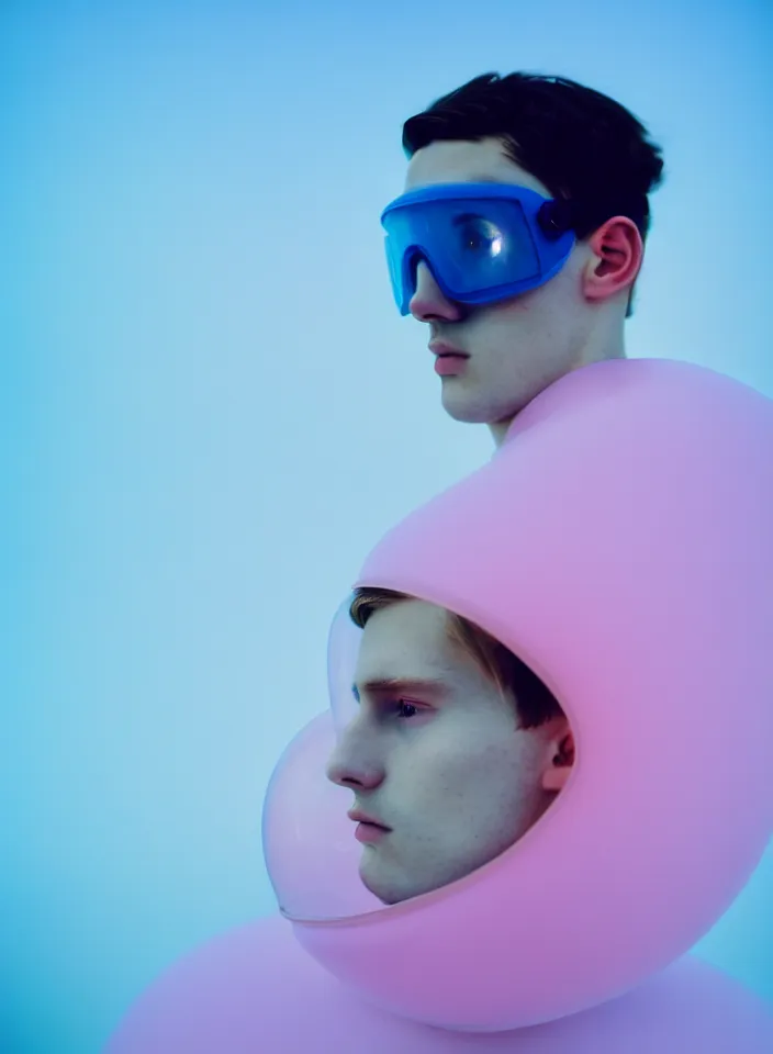 Prompt: high quality pastel coloured film portrait photograph of a beautiful young 2 0 year old male, soft features, short hair, wearing perspex space mask visor and oversized inflated clothing!!!! icelandic black rock pool environment. atmospheric three point light. photographic. art directed. ( pastel colours ). volumetric. clearcoat. waves. 8 k. filmic.