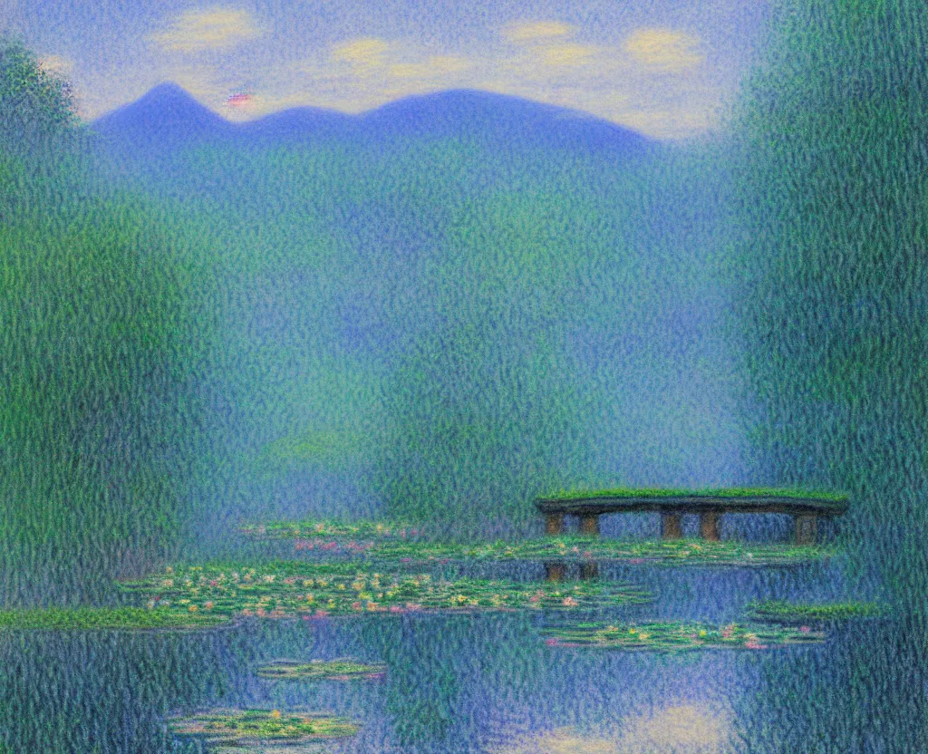 Image similar to a landscape pastel in the style of noriyoshi ohrai and monet of a blue reflective path to some misty mountains in the background. along the path stands pillars that reflect in the water. key art. 4 k fantasy