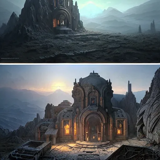 Image similar to concept art of a ruined post - apocalyptic sci - fi monastery at the top of a mountain, ultra realistic, concept art, intricate details, eerie, highly detailed, photorealistic, octane render, 8 k, unreal engine. art by artgerm and greg rutkowski and alphonse mucha