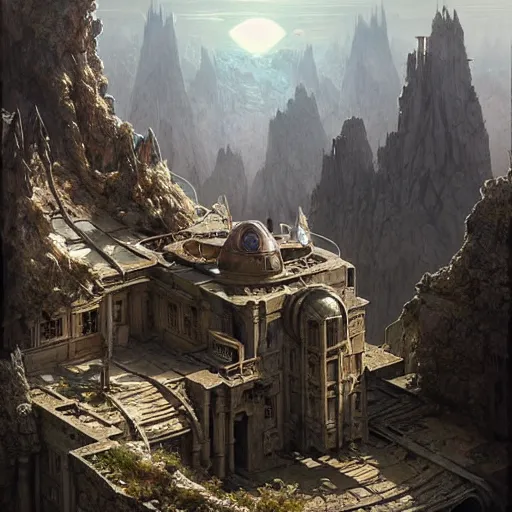 Prompt: concept art of a ruined post - apocalyptic sci - fi monastery at the top of a mountain, ultra realistic, concept art, intricate details, eerie, highly detailed, photorealistic, octane render, 8 k, unreal engine. art by artgerm and greg rutkowski and alphonse mucha